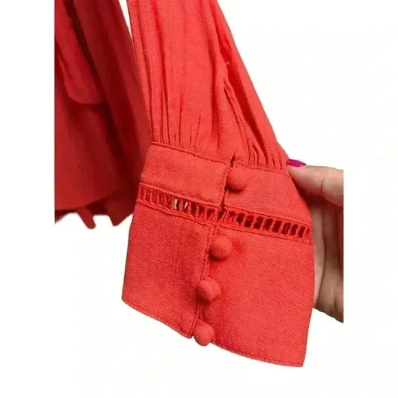 Free People Orange Tie Neck Long Sleeve Blouse Size Medium - Picture 8 of 10